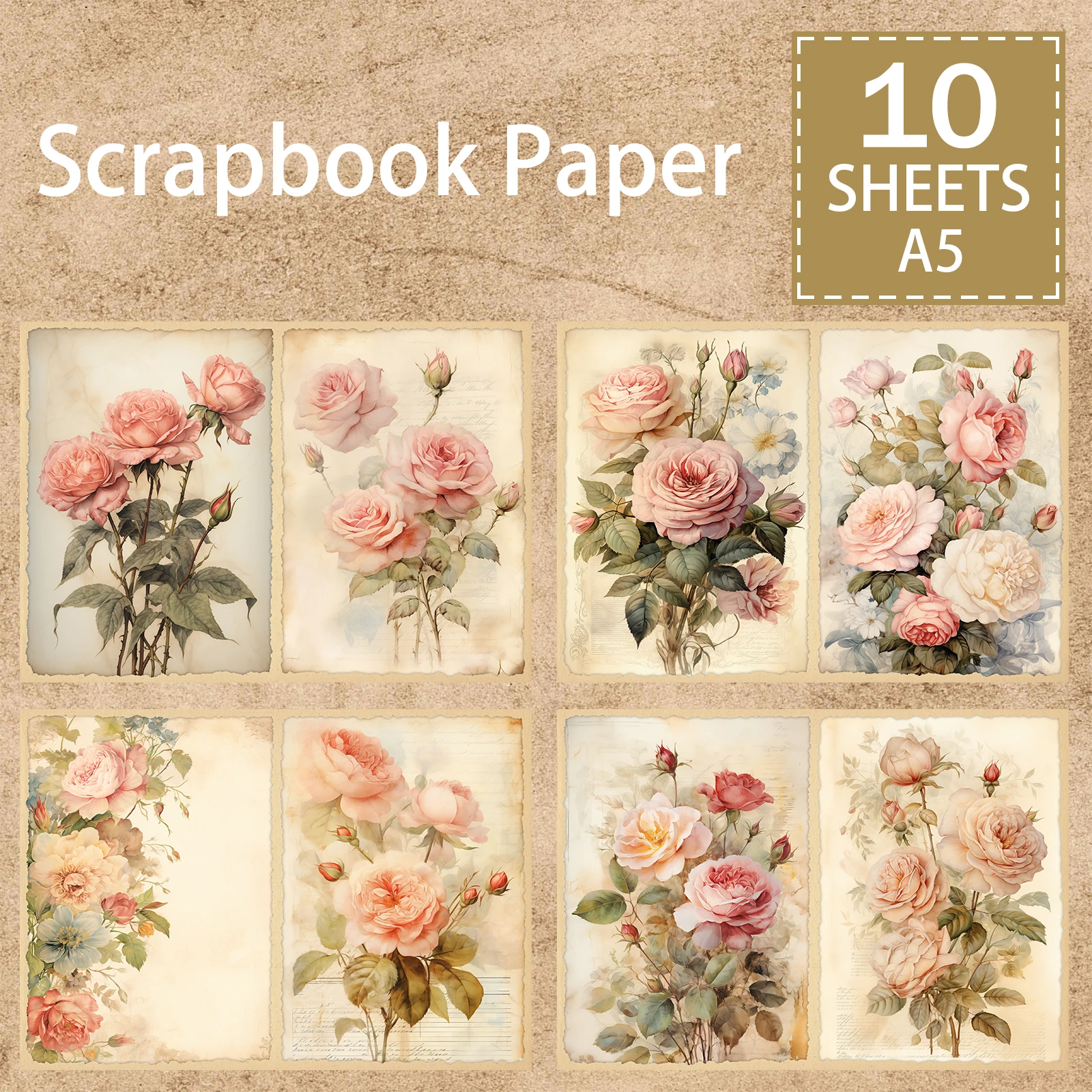 10 листов формата А5 праздничный фон с розовыми розами винтажный гранж-журнал