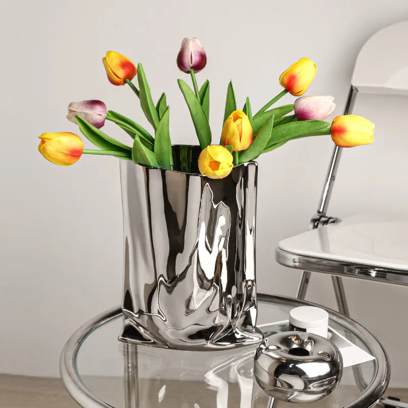 

Morandi Vase High-end Light Luxury Decoration Creative Electroplating Silver Ceramic Vase Simulation Flower Flower Decoration