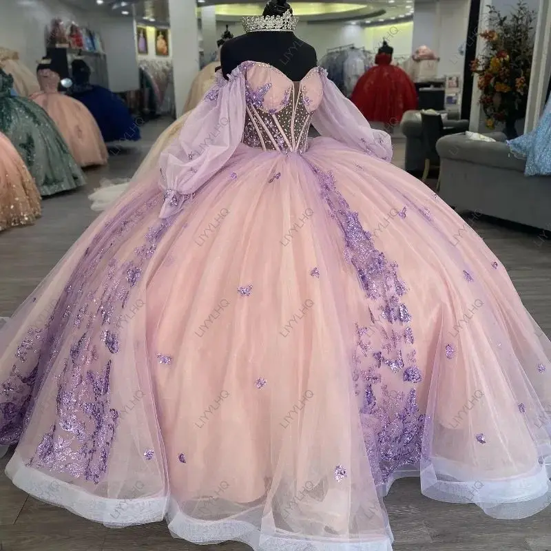 Розовое платье Quinceanera с блестящей шнуровкой и аппликацией длинное бальное со