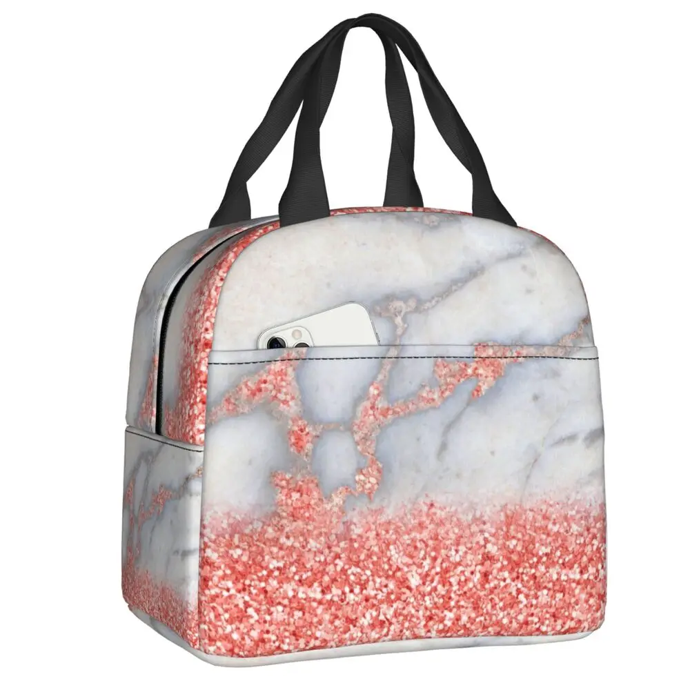 

Custom Rosegold Glitter Pink Sparkle Faux Marble Lunch Bag Women Thermal Cooler Insulated Lunch Box for Student School