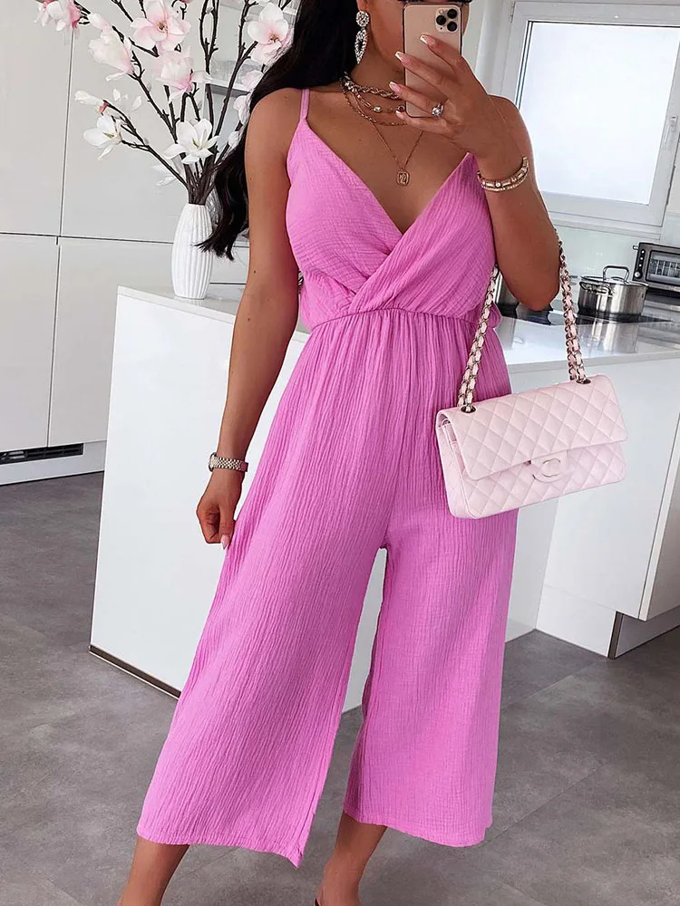 

Ladies Casual Sling V-Neck Sleeveless Backless Jumpsuit Women 2022 Summer Fashion Solid Color Loose Linen Cropped Pants Rompers