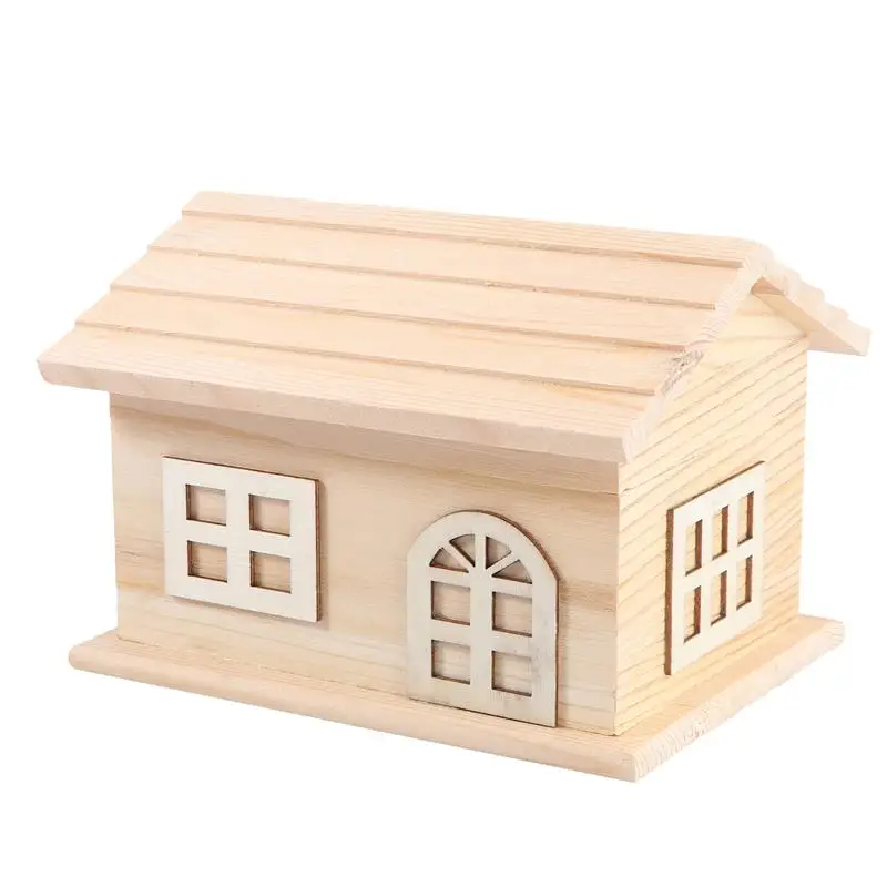 

Wooden House Storage Box Painting Blank Wood Holder Money Candy Container Desktop Home Box (House Storage Box)