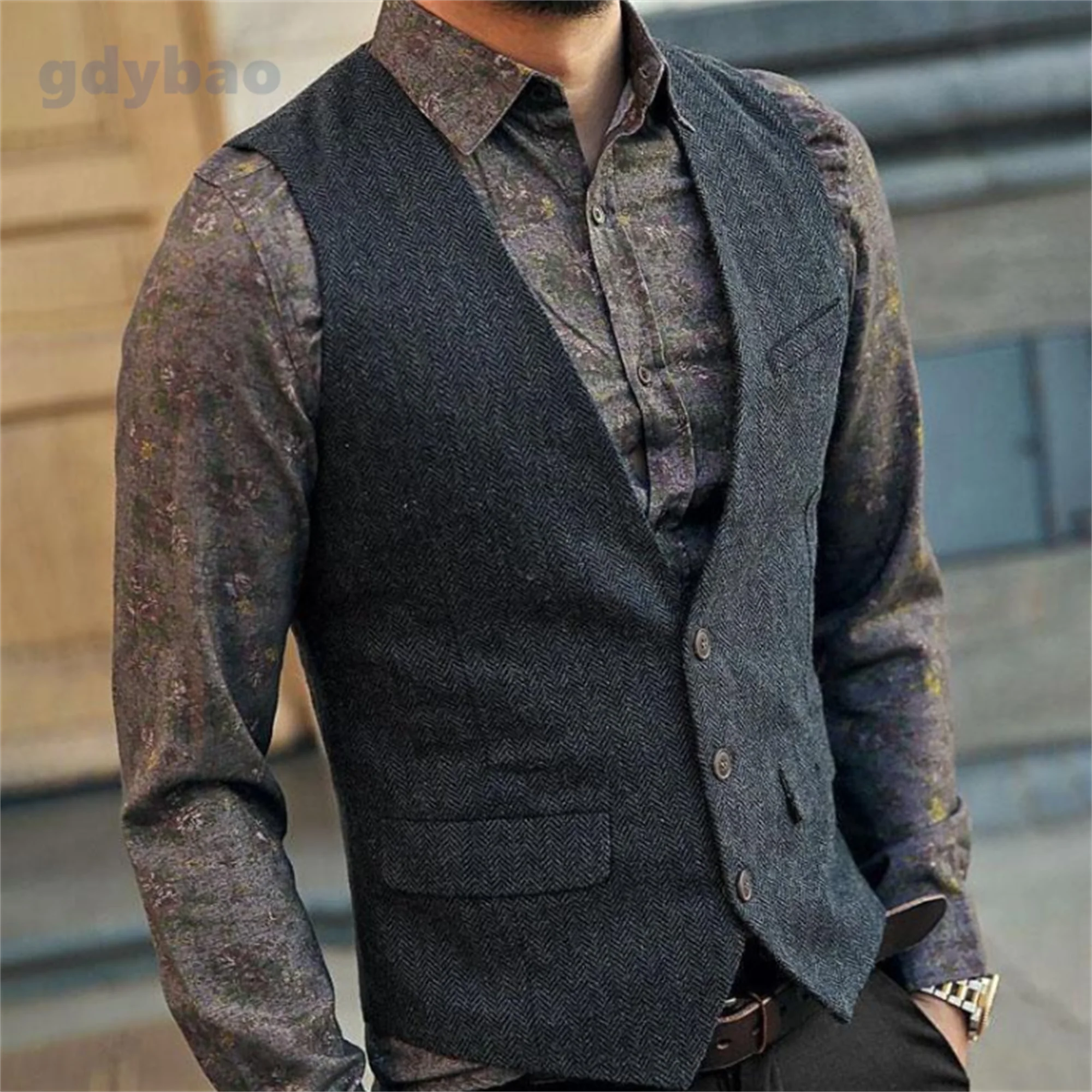 Gdybao Black /Dark Gray Men's Suit Vest V Neck Wool Herringbone Tweed Casual Waistcoat Formal Business Vest Groomman