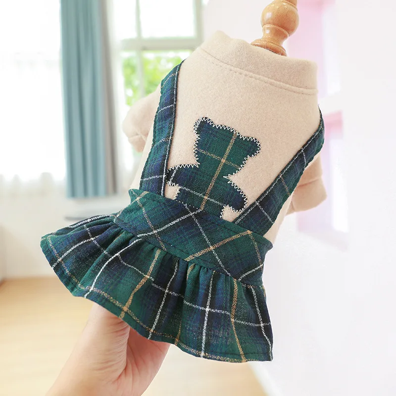 Small Dog Cute Skirt Autumn Winter Warm Plaid Dress Cat Sweet Wool Coat Puppy Fashion Cartoon Sweater Bulldog Poodle Yorkshire