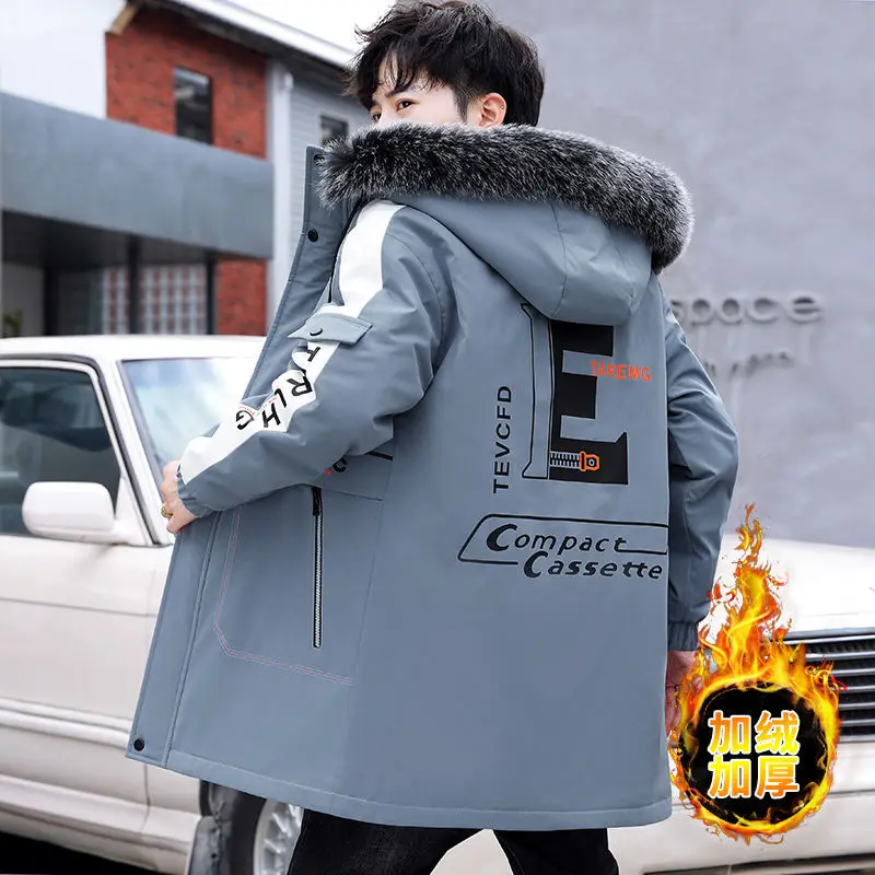 Men's cotton jacket winter new cotton jacket plush thick jacket jacket men's medium long men's windbreaker Korean casual men's