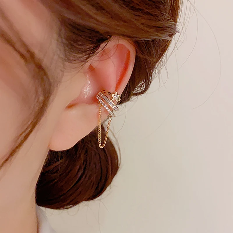 

2023 Trendy Tassel Flower Clip Earring for Women Korean Copper Gold Plated Zircon No Piercing Ear Cuff Ear Clip Original Jewelry