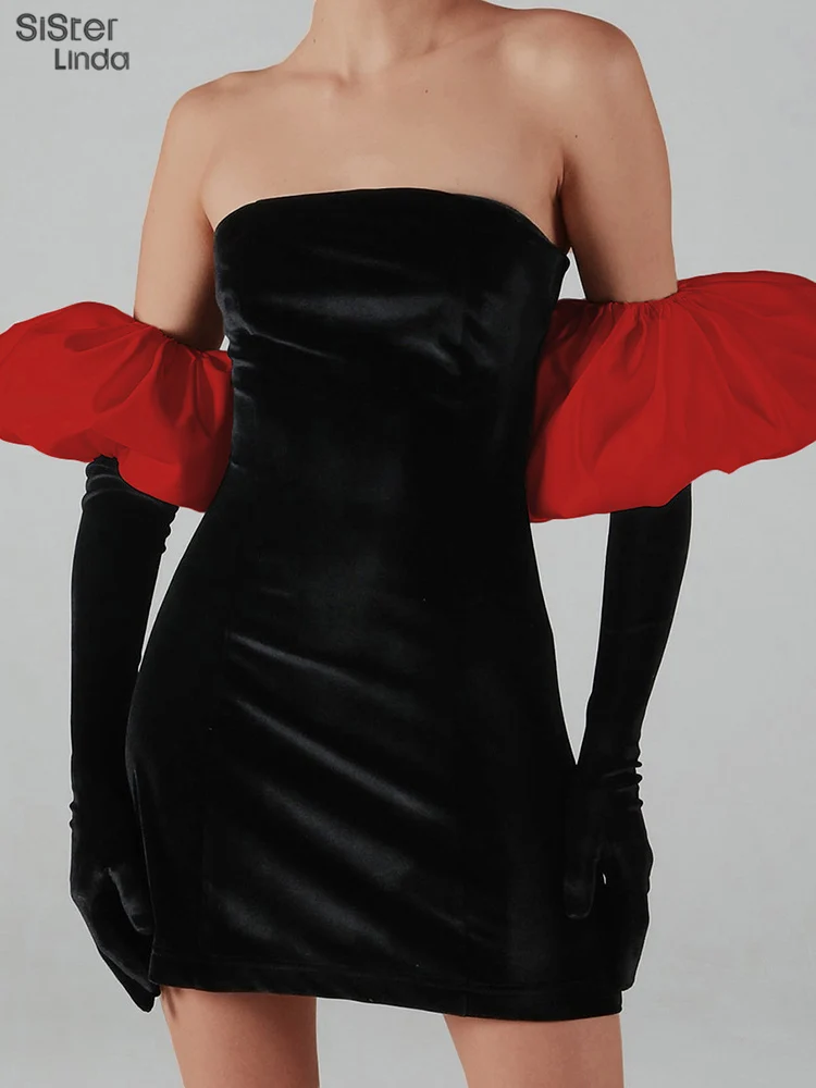 

Женское бархатное платье Sisterlinda, элегантное облегающее платье без бретелек, с перчатками в форме облаков, для вечеринки, во французском стил...