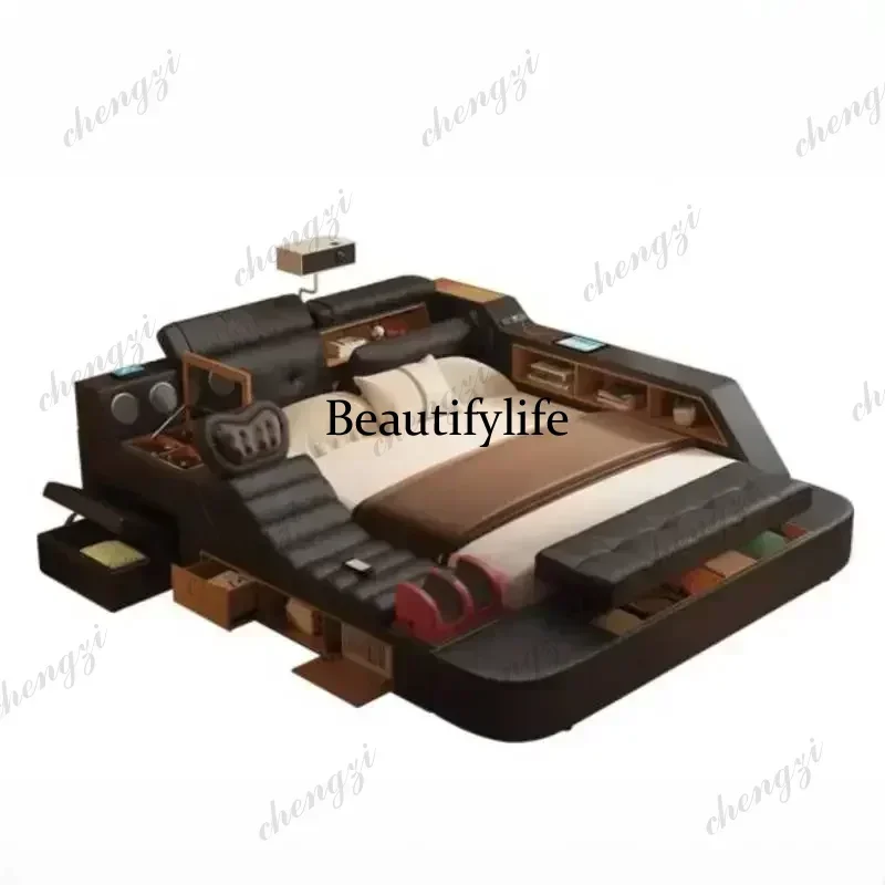 Фото Двуспальная кровать A182 Black King Size с выдвижными ящиками для хранения, многофункциональная массажная кровать с системой хранения, современная, для спальни. №2