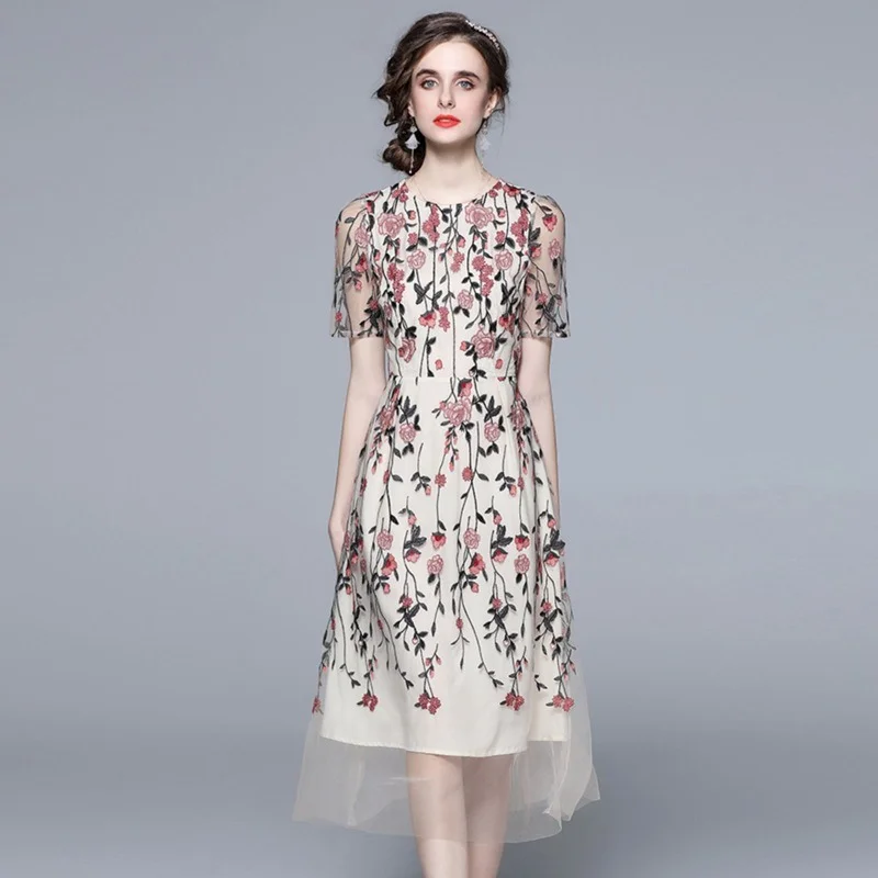 

Festa High Quality Long Wedding Cocktail Party Robe Women Luxury Embroidery Dress Femme Vintage Designer Mesh Vestidos