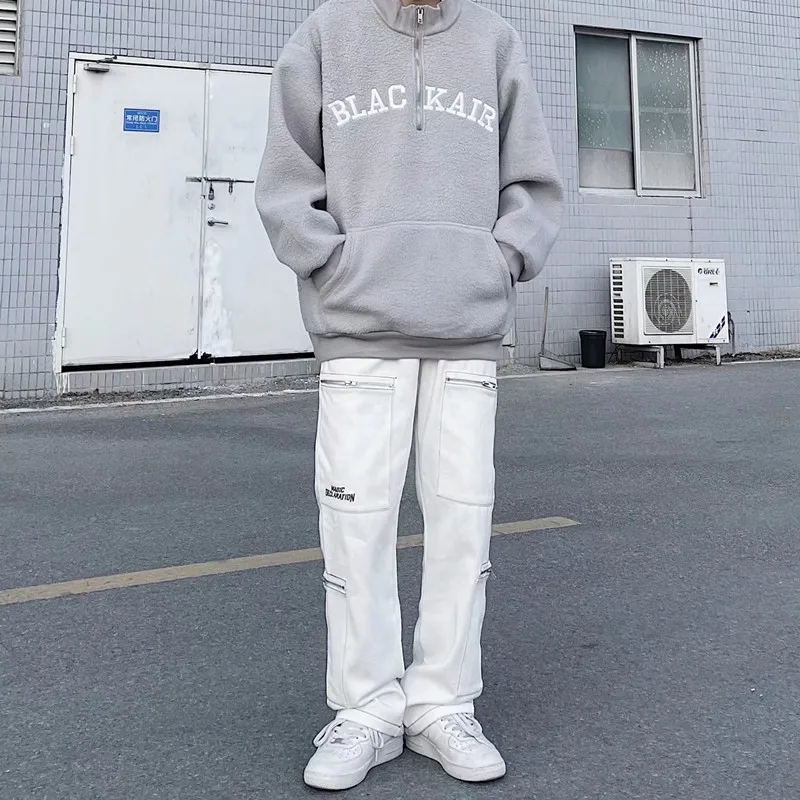 2022 Ropa Zipper Multiple Pockets White Cargo Jeans For Men Clothing Baggy Casual Tracksuit Pants Drawstring Sweatpants Pantalon