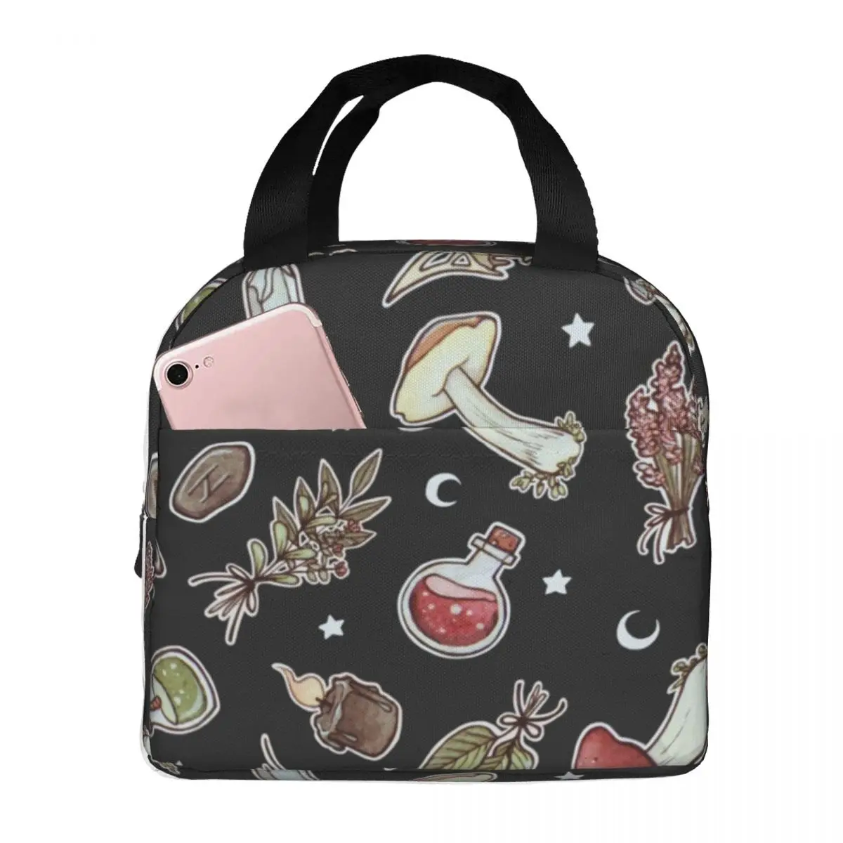 Lunch Bags for Women Kids Witchy Pattern Dark Mushroom Thermal Cooler Portable School Psychedelic Oxford Tote Food Bag