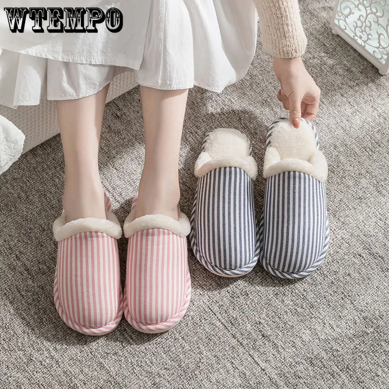 WTEMPO Striped Cotton Slippers Indoor Soft Silent Cotton Shoes Autumn Winter Warm Non-slip Plush Slides for Couples Wholesale