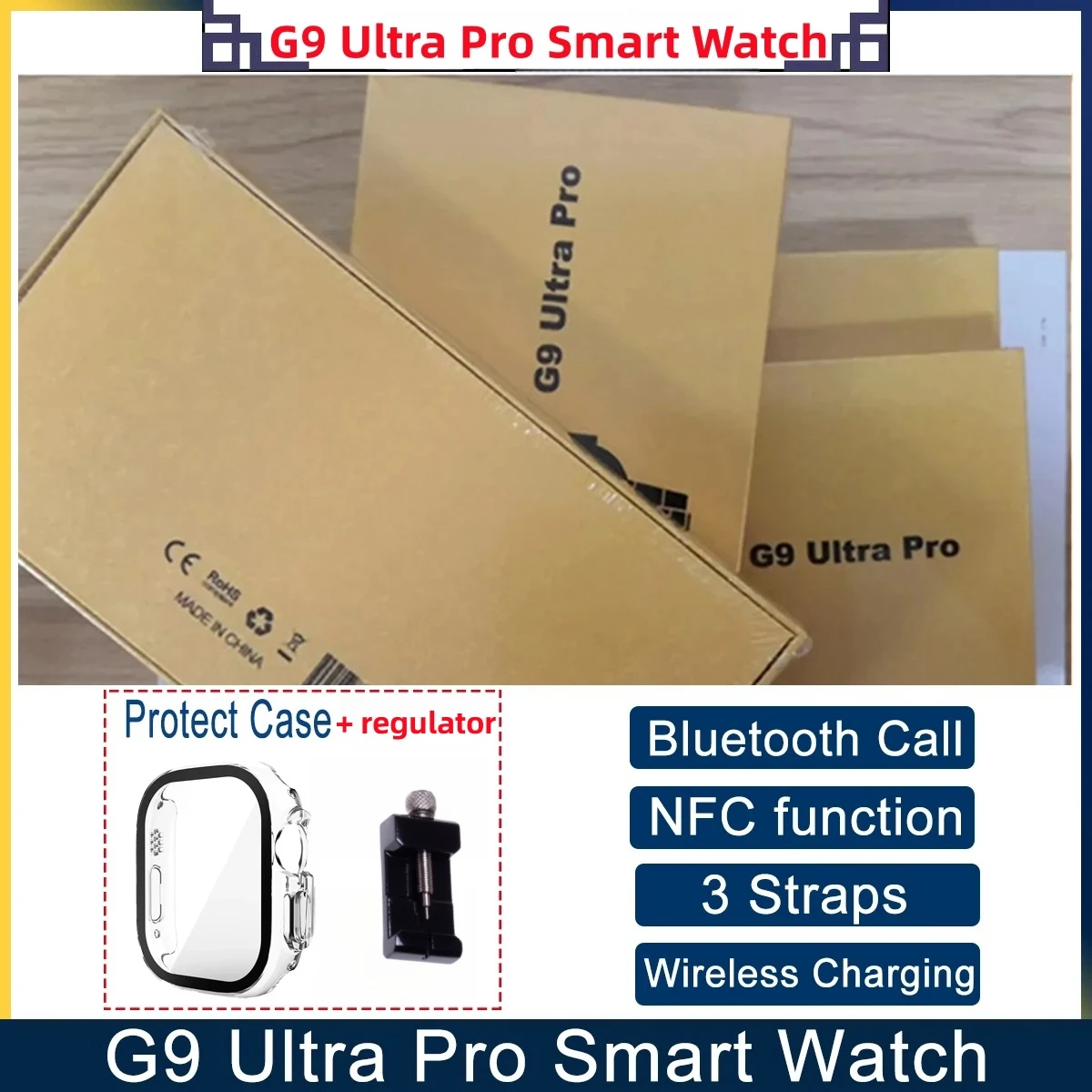 

2023 New Smartwatch Gold 49mm G9 Ultra Pro BT Call NFC Wireless Charging 3 Straps Alarm Messages Reminder Sports Men Smart Watch