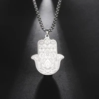 my shape khamsah hand of fatima pendant necklaces for men women engraving lotus stainless steel necklace amulet vintage jewelry