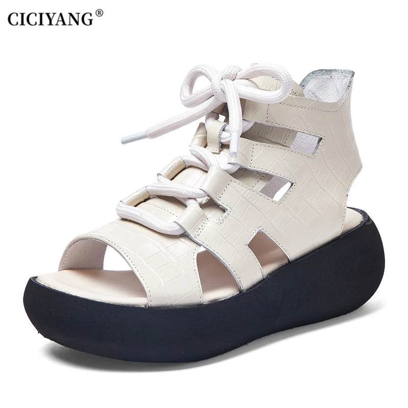 

CICIYANG Genuine Leather Women's Sandals Summer Shoes 2023 New High Top Retro Cowhide Roman Black Sandals Chunky Platform Wedges
