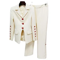 women bussiness suit fared pants notched lapel red button slim lady blazer trouser set office female clothing