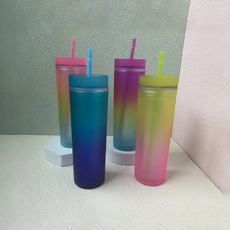 

500ml Rainbow Color Water Cups Double Plastic Cup With Lid Leakproof Straw Cup For Children Kids Outdoor Sports Water Bottles