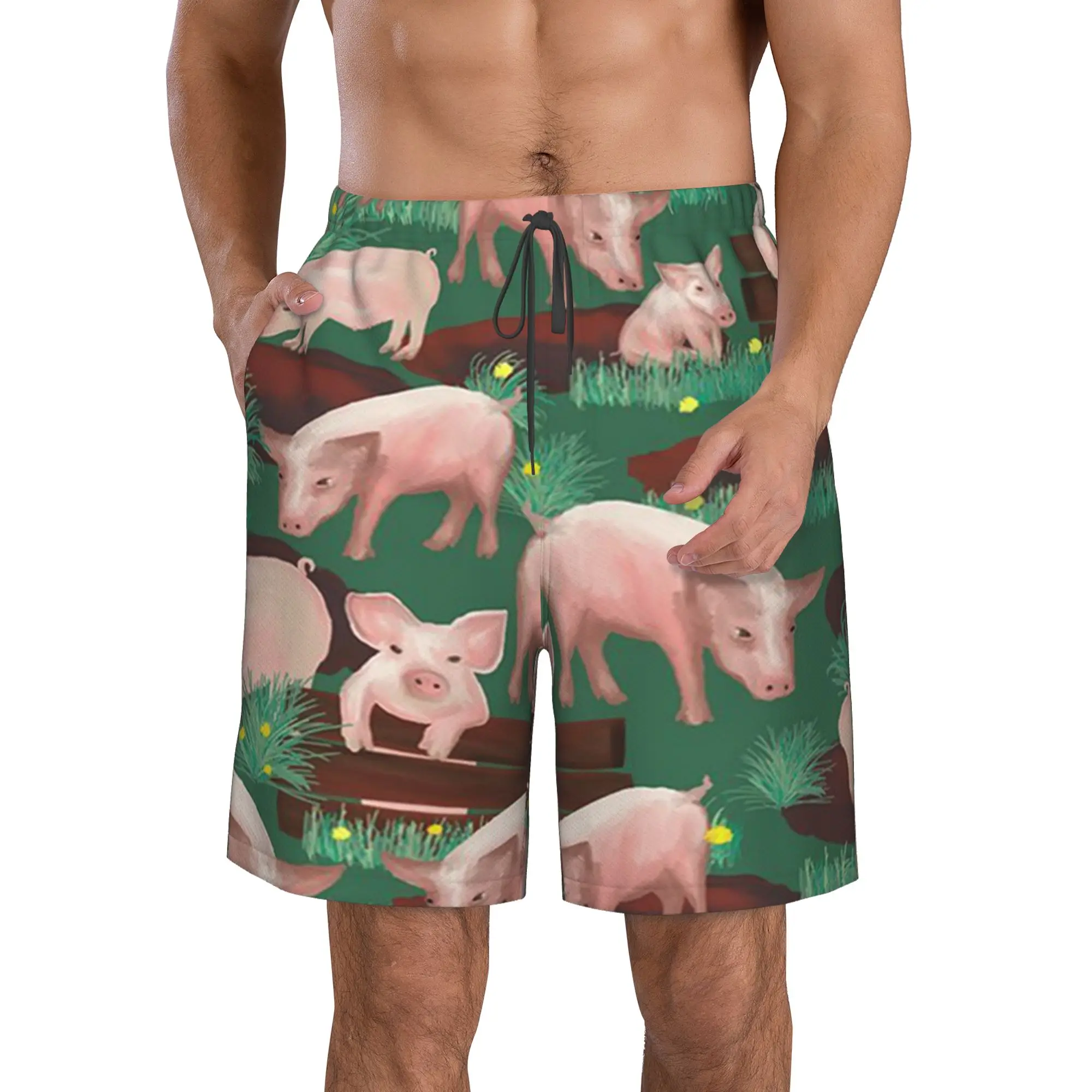 

Pink Pigs Men's printing Swim Trunks Quick Dry Drawstring Waist Beach Swim Trunks Board Shorts with Mesh Lining
