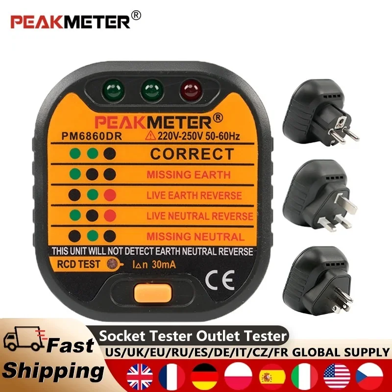 Peakmeter 6860DR Тестер электрической розетки 110/230 В с детектором нулевой линии Проверка