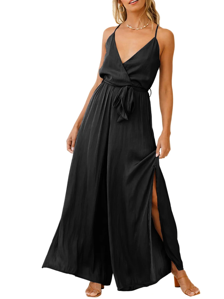 

Women Causal Summer Jumpsuit Loose Spaghetti Straps Backless Low-Cut Side High Split Wide Leg Playsuit Belt