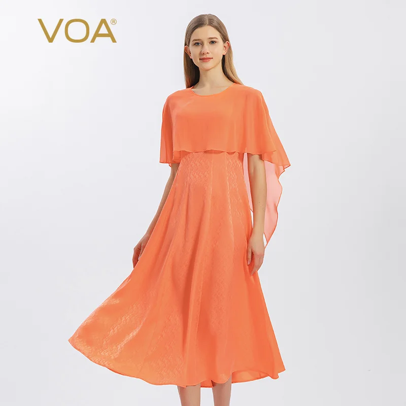 

VOA Jacquard Mulberry Silk Orange Round Neck Short-sleeved Dresses Stitched Georgette Ruffle Loose Ladylike Silk Dress AE1363