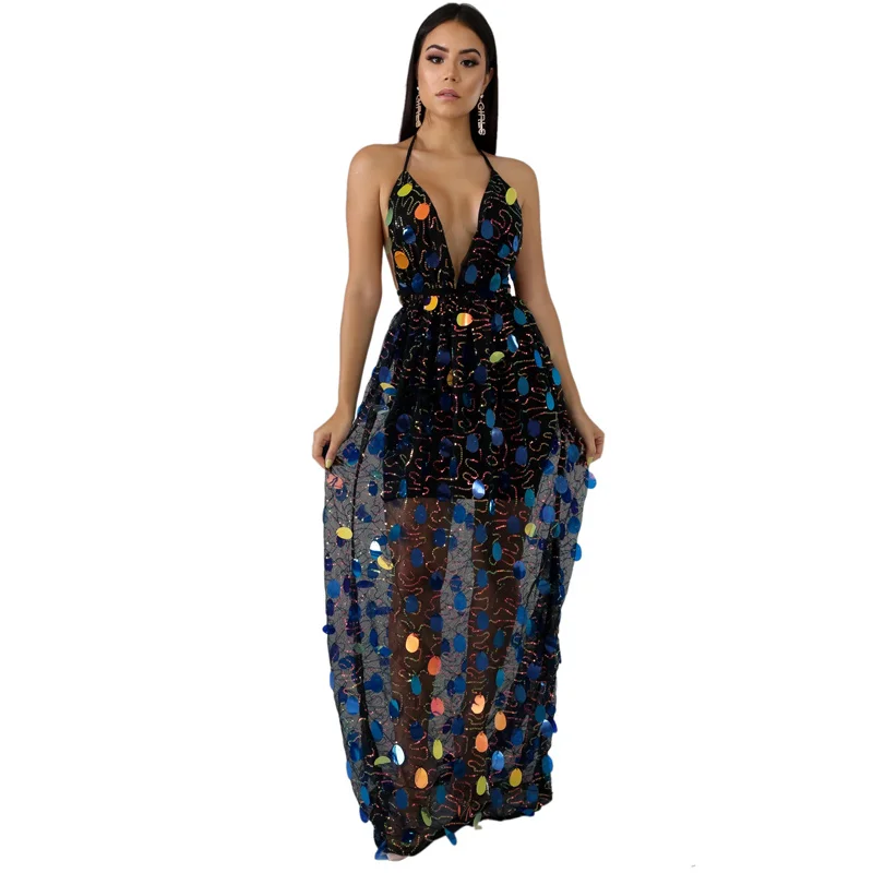 

Ladies sequined dress V-neck halter sexy suspenders see-through mesh dress club party long dress 2021 summer new style
