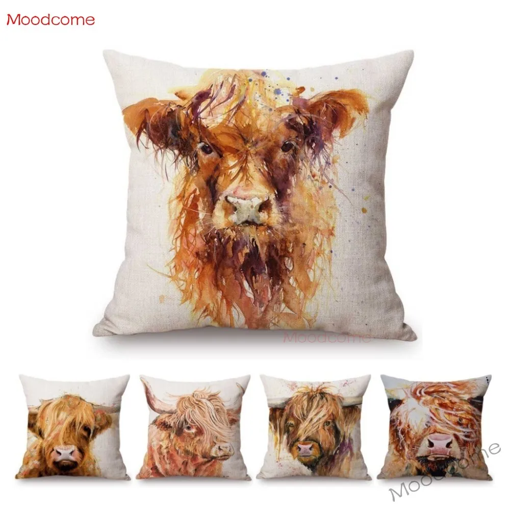 Nordic Highland Cow Long Hair Bull Watercolor Home Decorative Sofa Pillow Case Cotton Linen Yak Cattle Chair Seat Cushion Cover