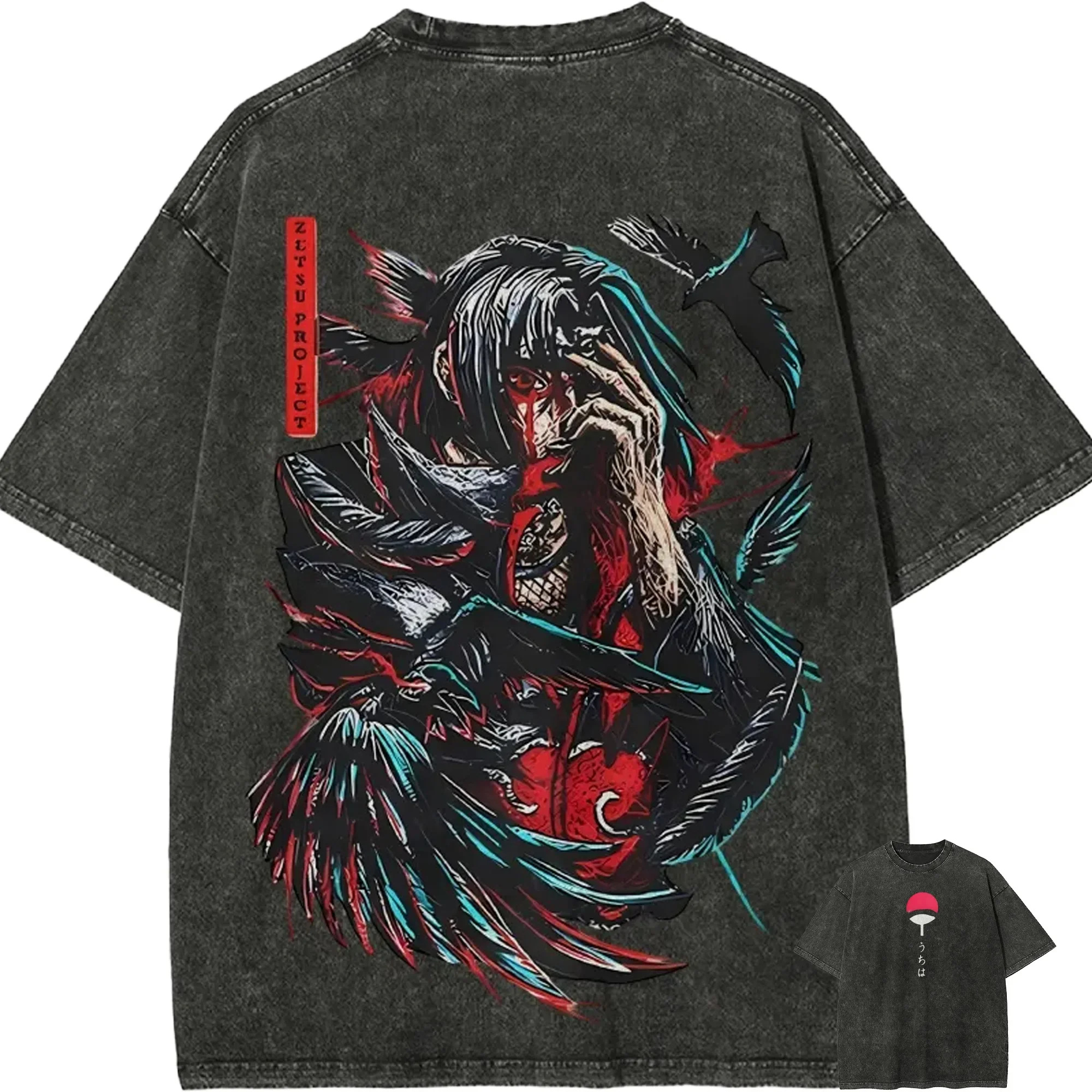 Фото Футболка Naruto Itachi Uchiha Akatsuki Crow Blood, винтажная, с эффектом кислотной стирки, уличная одежда, оверсайз, ретро, с аниме-графикой, хлопковая, мужская №1