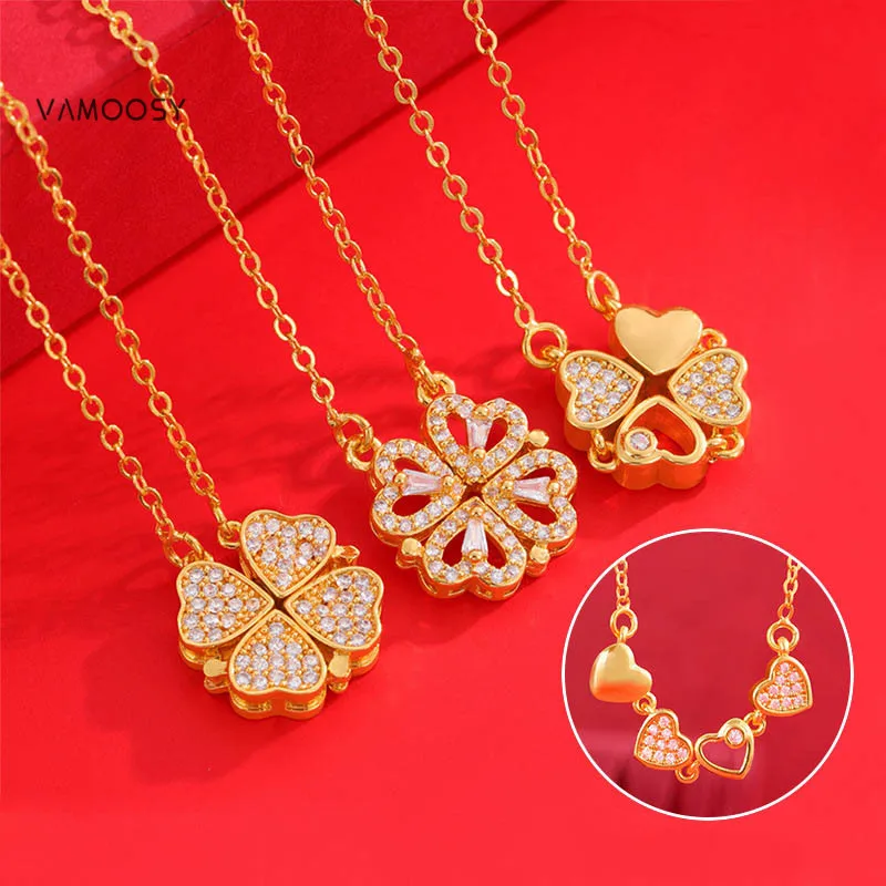 

Dainty Gold Color Necklaces for Women Trendy Folding Collar Chains Clover Austrian AAA+ Zircon Pendant Choker Mothers Gifts