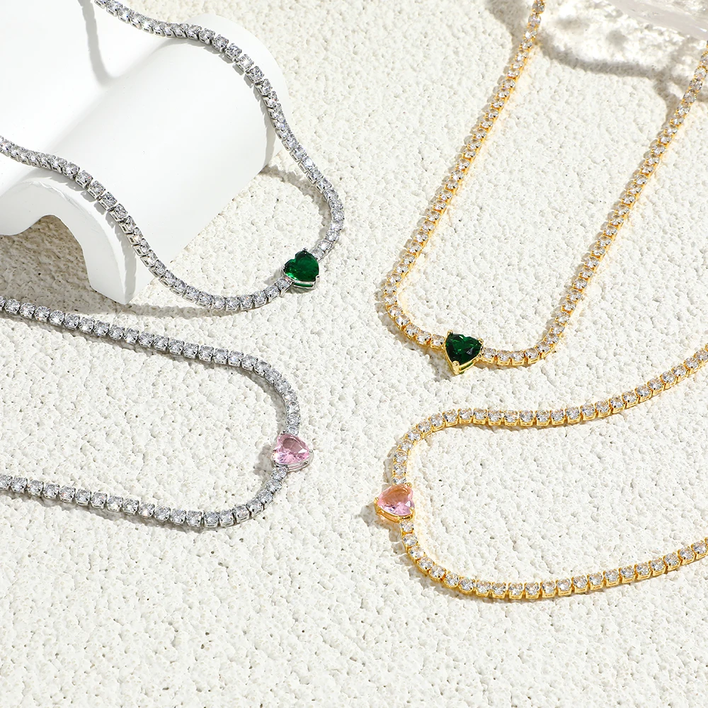 

Gold Tennis Chain Pink/Green Heart Pendant Necklace For Women Luxury AAA+ Cubic Zirconia Short Iced Out Neck Accessories Jewelry