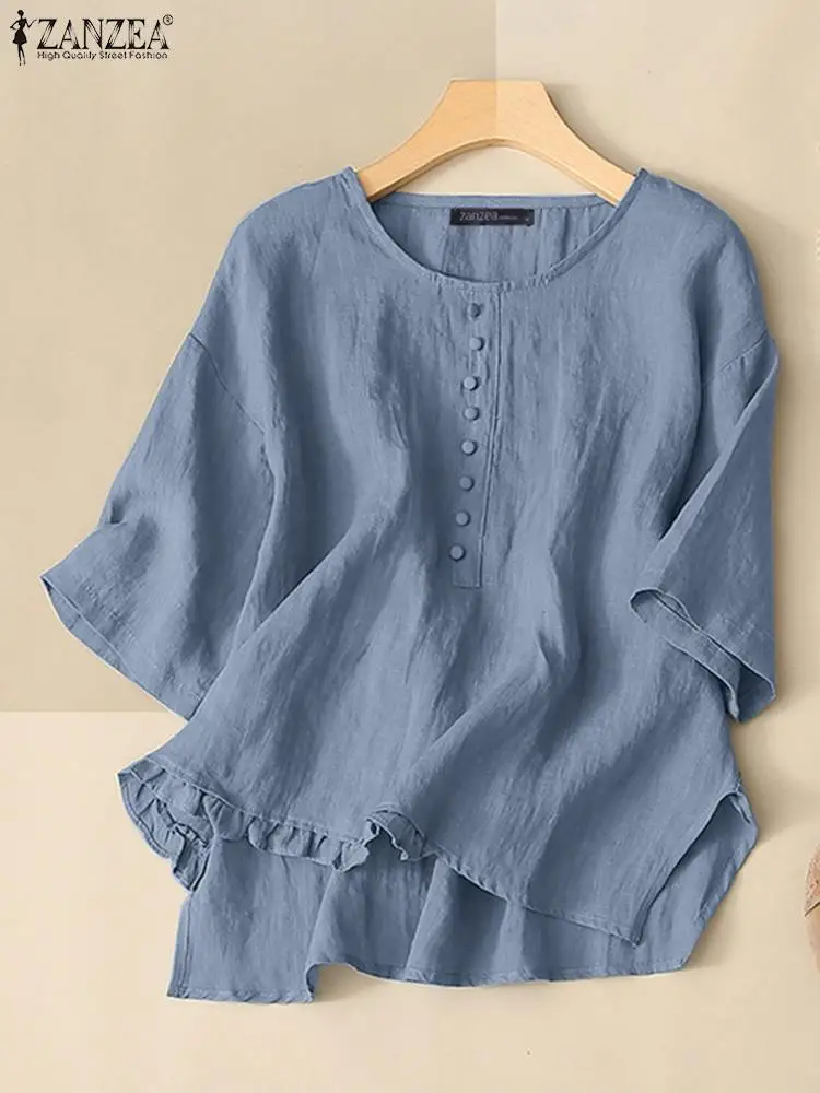 

Women Vintage Blouse ZANZEA Summer Short Sleeve Casual Loose Work Shirt Female Cotton Blusas Oversize Chemise Solid Tunic Tops