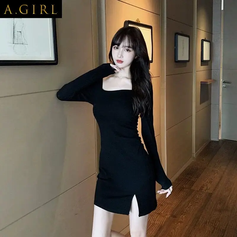 

Dress Women Square Collar Split Simple Elegant Tunic Mini Spring Pure Color Leisure Sexy Retro Vestidos Hot Sale Feminine Chic