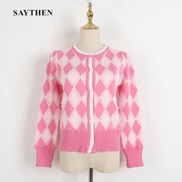 saythen spring pink womens clothing new rhombus single breasted beaded sweet slim round neck long sleeved knitted cardigan