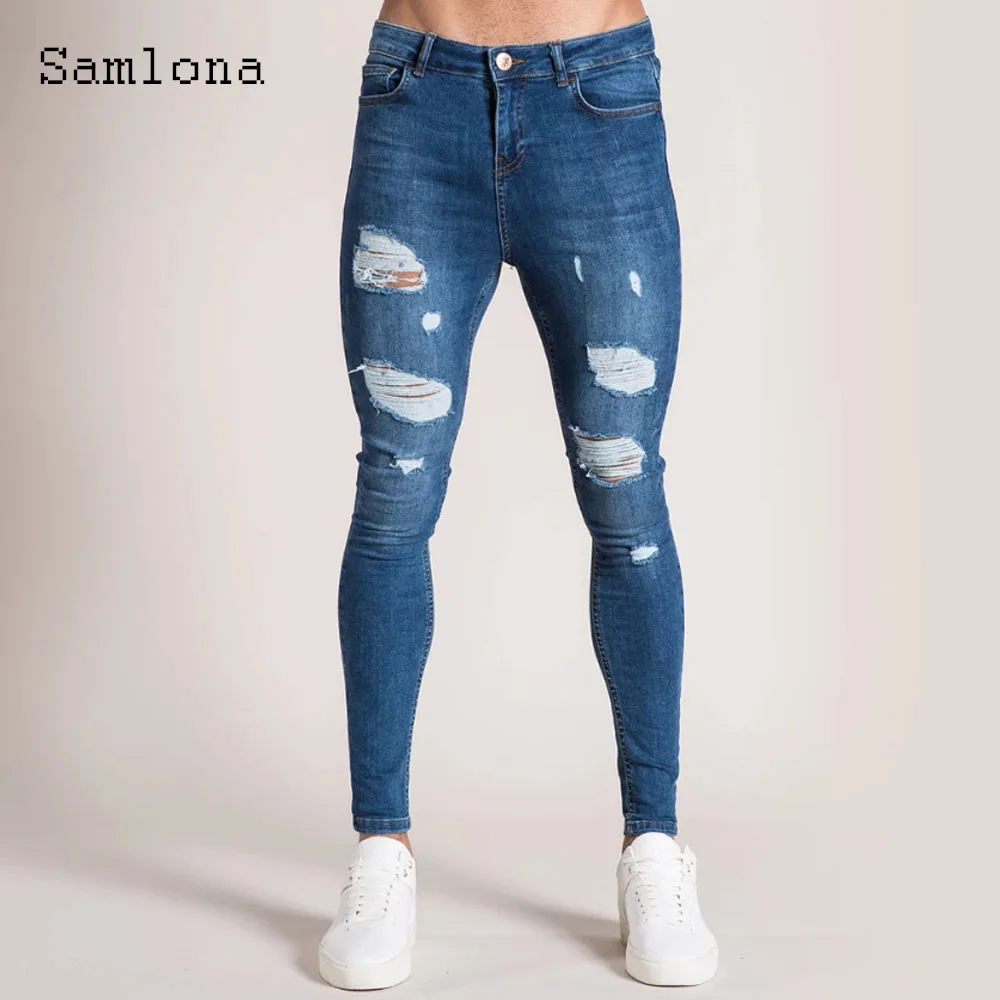 

Samlona Plus size Men Sexy Hole Jeans Denim Pants Casual Printed Trouser Mens Clothing 2023 European Fashion Ripped Pantalon