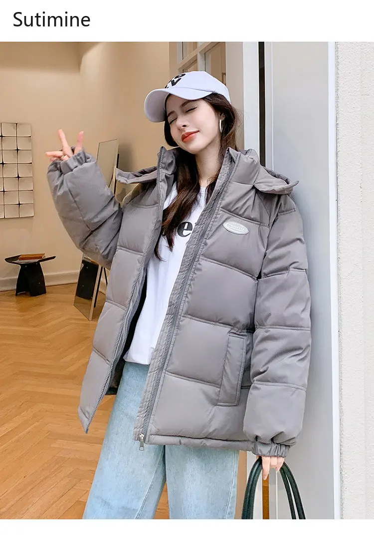 Korean Down Cotton Jacket Women's Thickened Short Loose Coat Office Lady Winter Coat for Women Hooded Winter Clothes Women