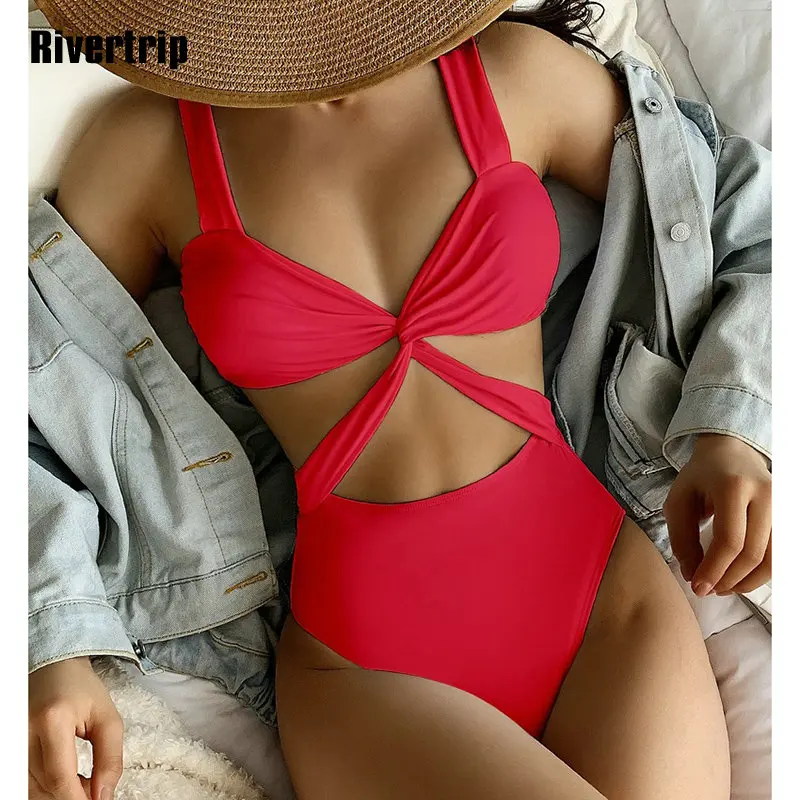

Rivertrip Sexy Twisted One Piece Swimsuit 2022 New Cut Out Swimwear Women Solid Swimming Suit for Women High Cut Bathing Suit