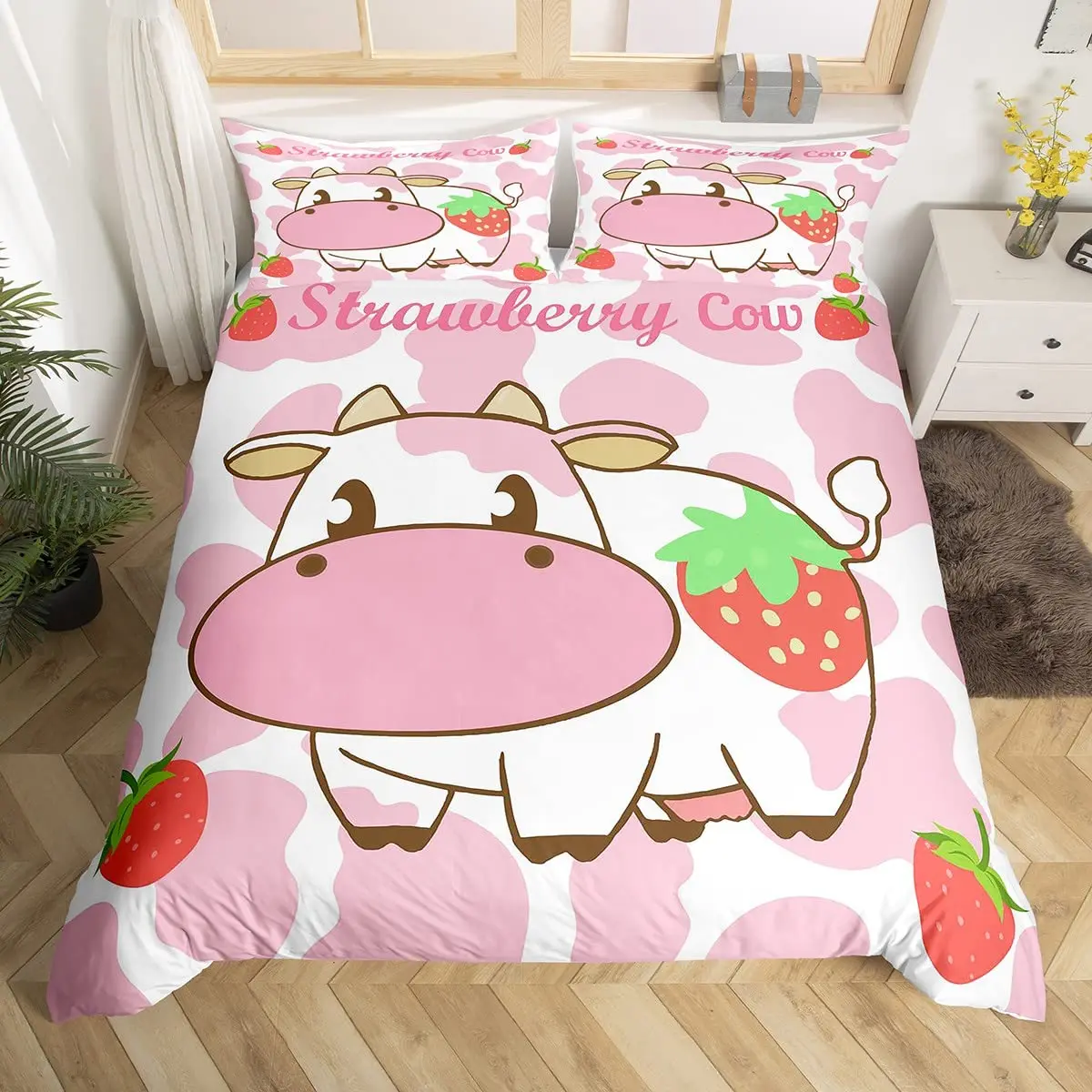 Milk Cow Duvet Cover Set Pink White Cow Strawberry Pattern Comforter Cover Bedding Set for Girls Kawaii Milk Cow Qulit Cover Set images - 6