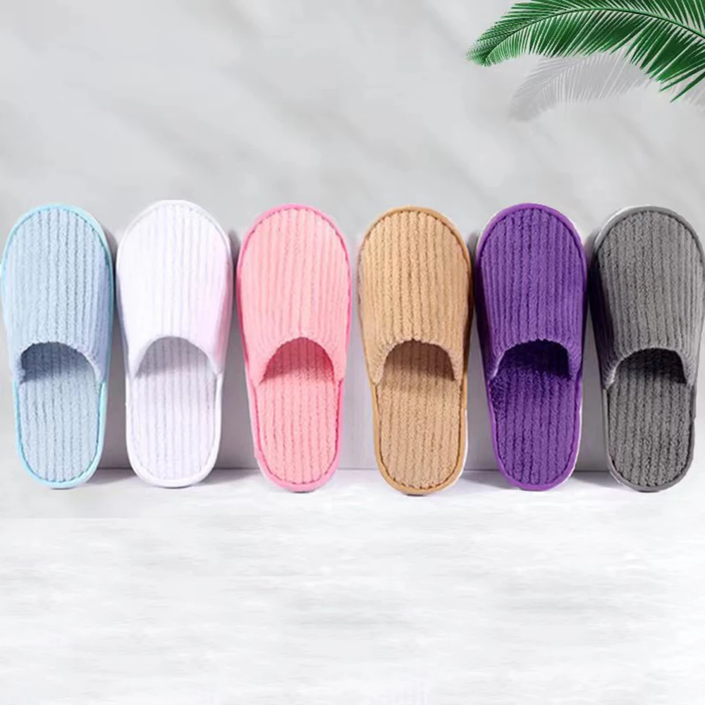 

1Pair Mix Colors Coral Fleece Men Women Cheap Disposable Hotel Slippers Soft Non-slip Slides Home Travel SPA Slipper Hospitality