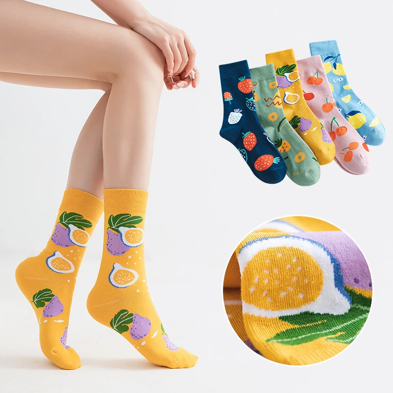 Socks Female Japanese Sweet Cute Cartoon Fruit Medium Tube Socks Korean Version Trend Women's Long Tube Breathable Cotton Socks