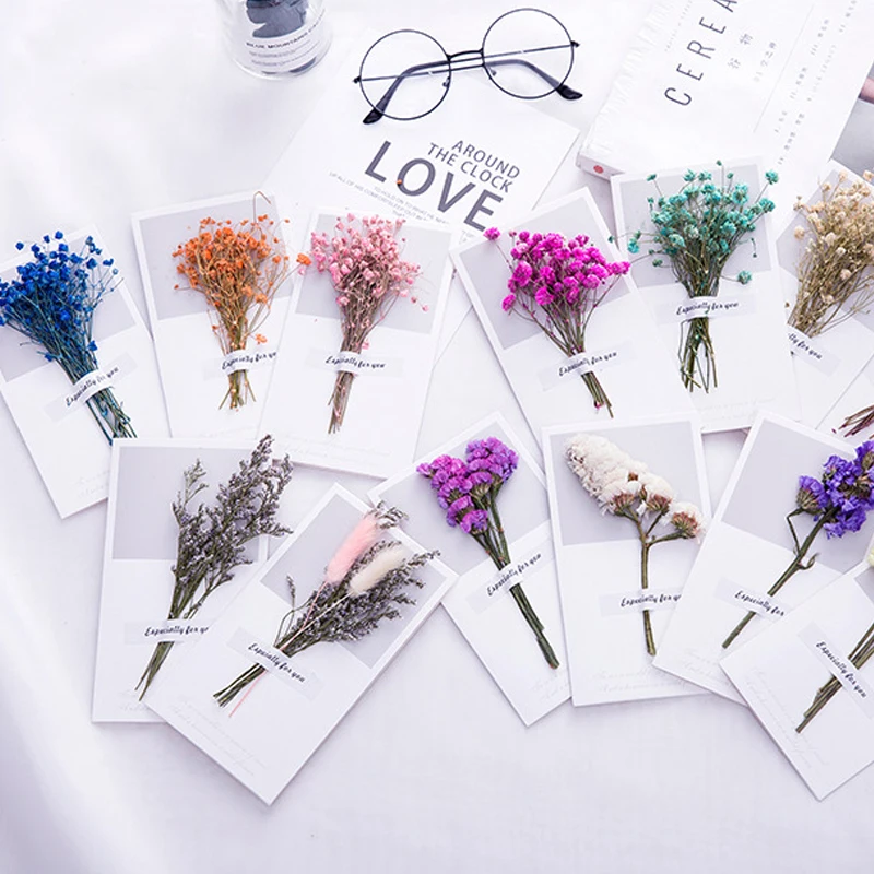 

10pcs A Gift Card Wedding Invitations Greeting Cards Gypsophila Dried Flowers Handwritten Blessing Birthday Thank You Envelope