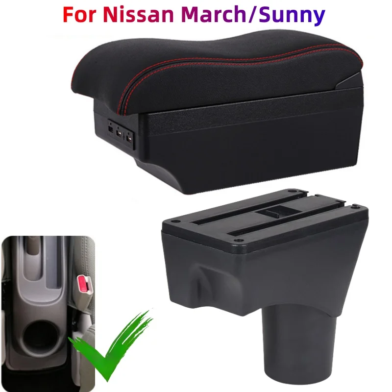 Фото Коробка подлокотника для Nissan March Micra K13 MK4 IV 2010-2023 для Nissan Sunny, кожаный подлокотник, центральная консоль для хранения, USB Led №1