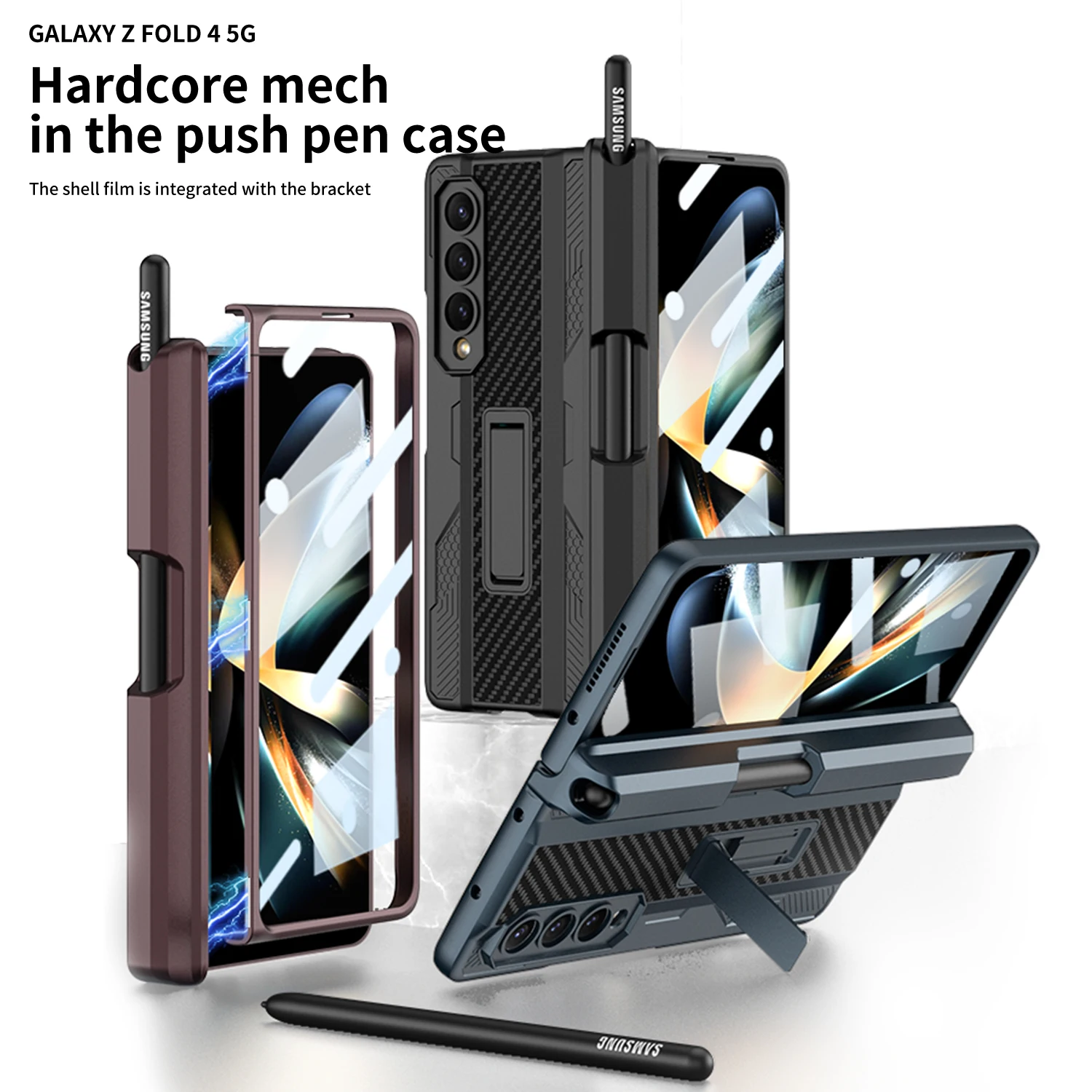 

Magnetic Hinge Shockproof Armor Case For Samsung Galaxy Z Fold 4 3 Fold4 Fold3 5G Pen Holder Cover with Bracket Front Glass Film