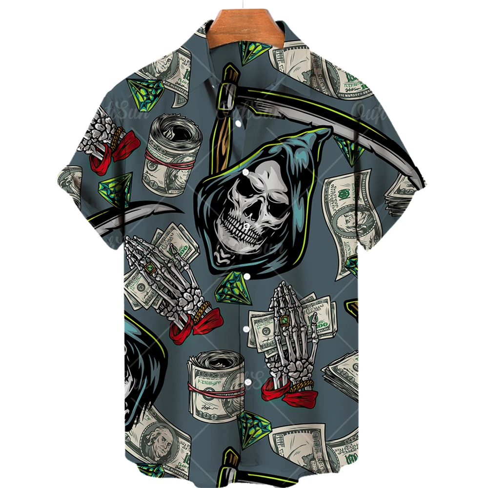 Camisa con estampado de calavera 3D para hombre, camisa hawaiana de terror con solapa de un solo boton, Top de playa informal a