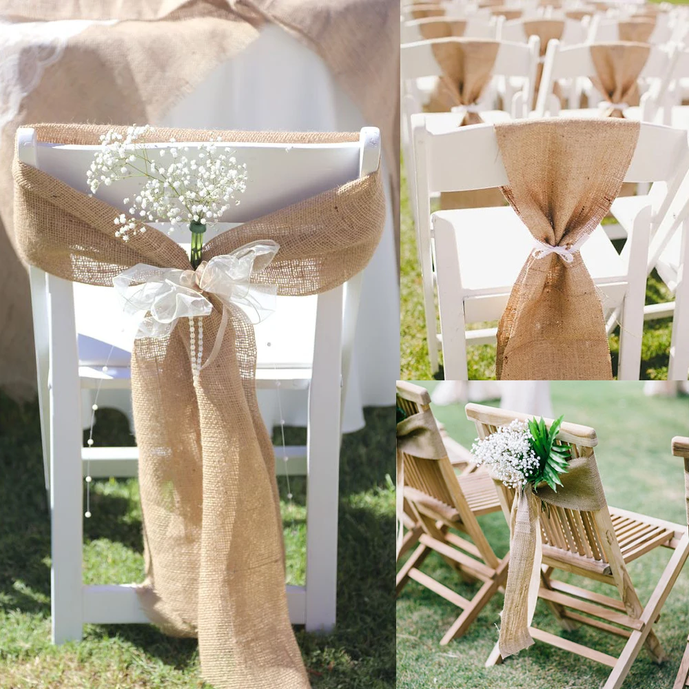 

17cm x 275cm Naturally Vintage Burlap Chair Sashes Jute Chair Tie Bow for Rustic Wedding Decorations