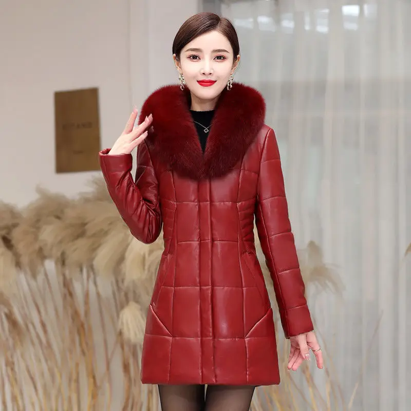 

Зимняя кожаная куртка для женщин среднего и пожилого возраста пальто большого размера 6XL с большим меховым воротником пуховые хлопковые кожаные пальто парки R138