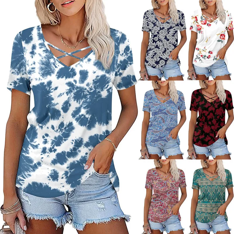 

2022 Summer Women's Cash Casual Chest Cross-band Printed V-Neck Short Sleeve T-Shirt