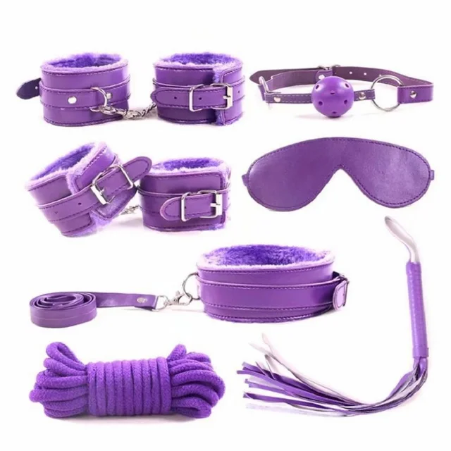 7pcs/set SM Bondage for Woman PU Leather Set Sex Handcuffs Footcuffs Whip Rope Eye Mask Blindfold Erotic Toys Couples 4