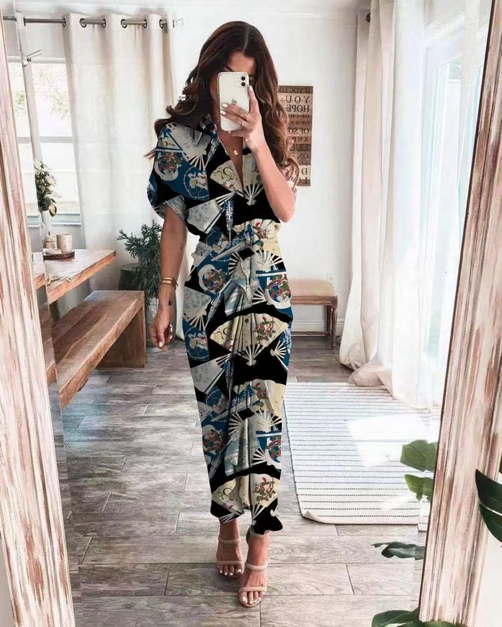 

2022 Women's Summer Elegant Button Pleated Bandage Shirt Dress Fashion Casual Short Sleeve Pattern V Neck Beach Long Dress