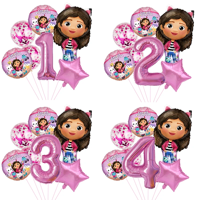 

7pcs Gabby Dollhouse Cats Balloons Birthday Party Decorations 32 Inch Pink Number Cartoon Balloon Baby Shower Supplies Kids Toys