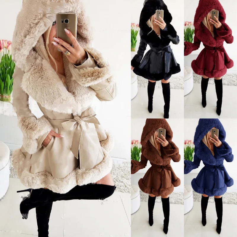 

2023 Lapel Classic Style Fur Splicing Coat Women's Winter Warm Ruffled Hooded Jacket Waist-Tight